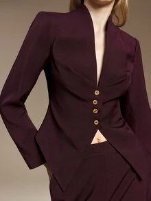 Ontre Solid Button Front Ruched Waist Blazer Tapered Pants Suit Set Office Dinner Corporate Burgundy Fall Elegant - Purple - View 1