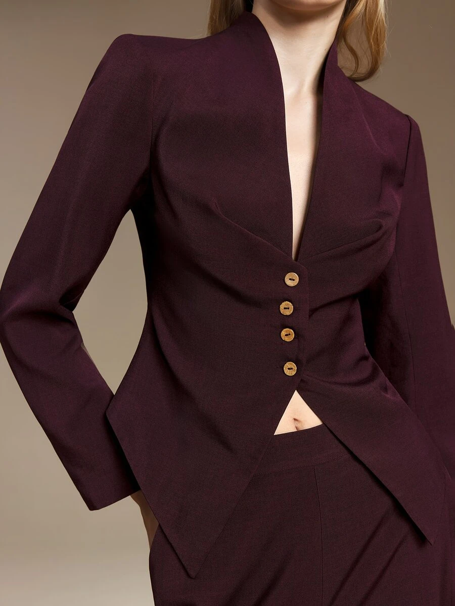 Ontre Solid Button Front Ruched Waist Blazer Tapered Pants Suit Set Office Dinner Corporate Burgundy Fall Elegant - Purple - View 1