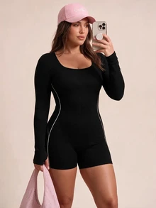 SHEIN Rhythm Era Plus 1pc Cut Out Back Contrast Piping Sports Romper - Black - View 3
