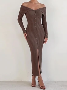 Sirith Busana Musim Gugur untuk Wanita: Gaun Sweater Elegan dengan Bahu Terbuka dan Kancing Depan, Cocok untuk Makan Malam dan Liburan, Warna Cokelat Mocha, Seksi untuk Musim Gugur. - Coffee Brown - View 8