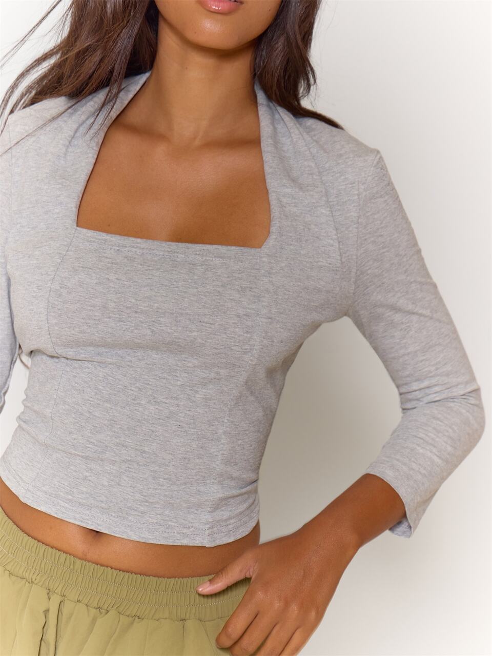 Top Cinza com Decote Quadrado, Efeito de Sobreposição de Xale, Manga 3/4, Verão, Estilo Feminino, Roupa de Ficar em Casa para o Dia a Dia