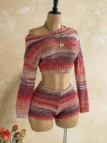 Soleia Space Dye Drop Shoulder Asymmetrical Shoulder Crop Sweater & Knit Shorts Set Without Chain Belt - Multicolor - View 6