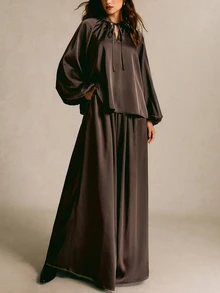 COSMINA Tie Neck Lantern Sleeve Satin Top & Wide Leg Pants Set - Brown - View 1