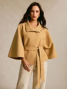 CielaLinda Mock Neck Batwing Sleeve Belted Overcoat - Khaki - View 3