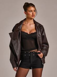 SHEIN BAE 落肩 PU 皮革夾克 - 咖啡棕 - 查看 4