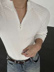 DAZY Men Half Zip Raglan Sleeve Sweater - White - View 8