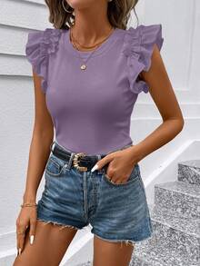 SHEIN Clasi Solid Ruffle Trim Tee - Dusty Purple - View 3