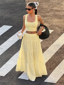 Muchica Falda de color sólido con dobladillo de volantes - amarillo ganso - Ver 6