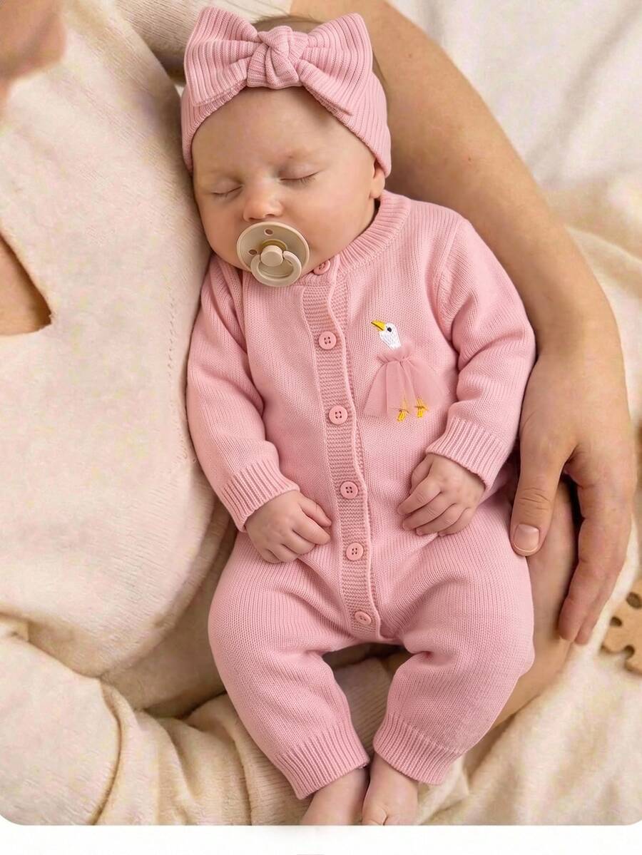 SHEIN Newborn Baby Sweater Onesies - Pink - View 1