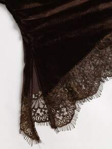 Sweetra Asymmetrical Shoulder Contrast Lace Ruched Waist Velvet Tee & Wide Leg Pants Set - Coffee Brown - View 7