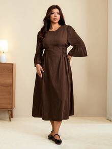 Edennvi Plus Solid Flounce Sleeve Dress Fall - Khaki - View 3
