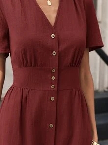 Editum V Neck Button Front Midi Dress - Red - View 4