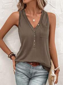 Solivie Half Button Patched Pocket Tank Top - Coffee Brown - View 4
