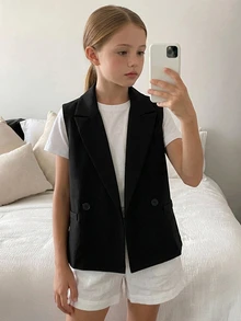 DAZY Tween Girl 1pc Solid Lapel Neck Vest Jacket Fall - Black - View 6