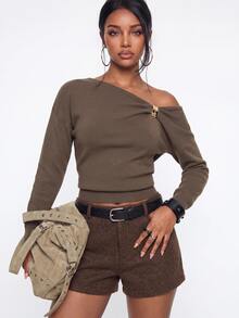 Avantive Solid Asymmetrical Neck Knit Top - Coffee Brown - View 5