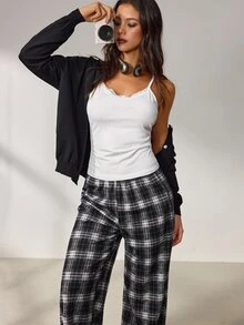 Lowkey Lull Solid Cami Top & Plaid Print Pants PJ Set - Grey - View 4