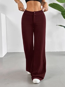 SHEIN Tall CURVE 大尺碼純色寬腿長褲 - 酒紅色 - 查看 3