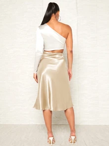 Silquee Solid Satin Mermaid Hem Skirt - Apricot - View 5