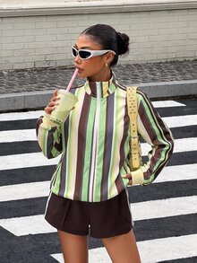 Muchica Green Chocolate Brown Print Zip Up Sweatshirt Travel Fall Streetwear - Multicolor - View 3