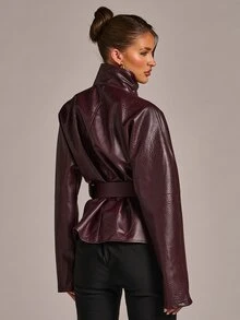 SHEIN BAE Solid Belted PU Leather Jacket - Burgundy - View 2