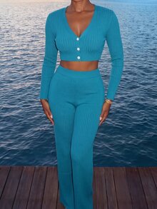 Sirith Ribbed Knit Button Front Cardigan & Knit Pants - Blue - View 8