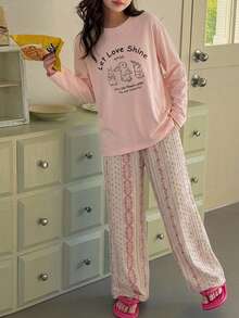 DAZY Tween Girl Cartoon Rabbit & Slogan Graphic Drop Shoulder Tee & Pants PJ Set - Pink - View 5