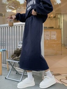 DAZY 女款字母圖案插肩袖套頭運動衫與裙子套裝居家休閒套裝 - 藍色 - 查看 8