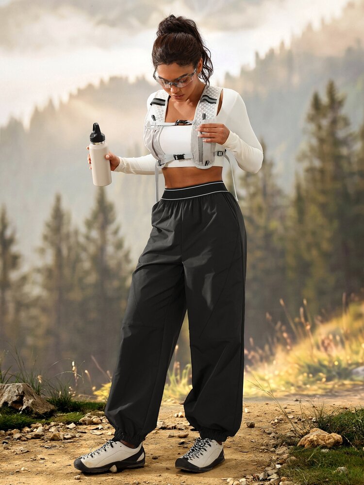 Exploreva Contrast Tape Slant Pocket Outdoor Pants - Black - View 6