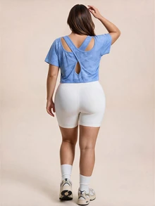 SHEIN Rhythm Era Camisetas y camisetas sin mangas deportivas para mujer talla grande azul claro kawaii para gimnasio - Celeste - Ver 3