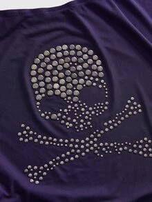 ROMWE Grunge Punk Plus Size Studded Skull Pattern Asymmetrical Neck Ruched Crop Tee - Purple - View 4