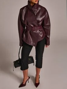 SHEIN BAE Solid Belted PU Leather Jacket - Burgundy - View 7