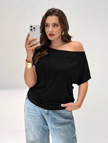 Shapeblank Plus Solid Batwing Sleeve Tee - Black - View 4
