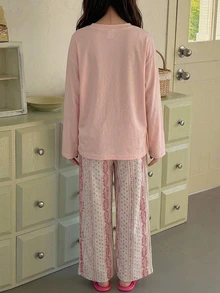 DAZY Tween Girl Cartoon Rabbit & Slogan Graphic Drop Shoulder Tee & Pants PJ Set - Pink - View 2
