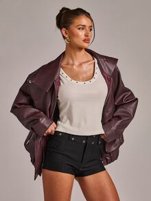 SHEIN BAE Jaket Kulit PU dengan Resleting - Burgundy - View 5