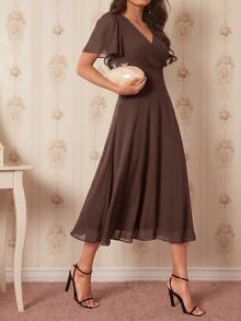 Amorya Surplice Neck Butterfly Sleeve Midi Dress - Coffee - View 1