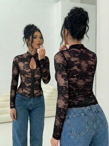 Firerie Hook And Eye Front Lace Top - Black - View 6