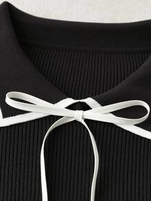 GlowEve CURVE Plus Contrast Trim Tie Front Sweater Autumn Graduation Date Night Black And White Casual Elegant - Black - View 3