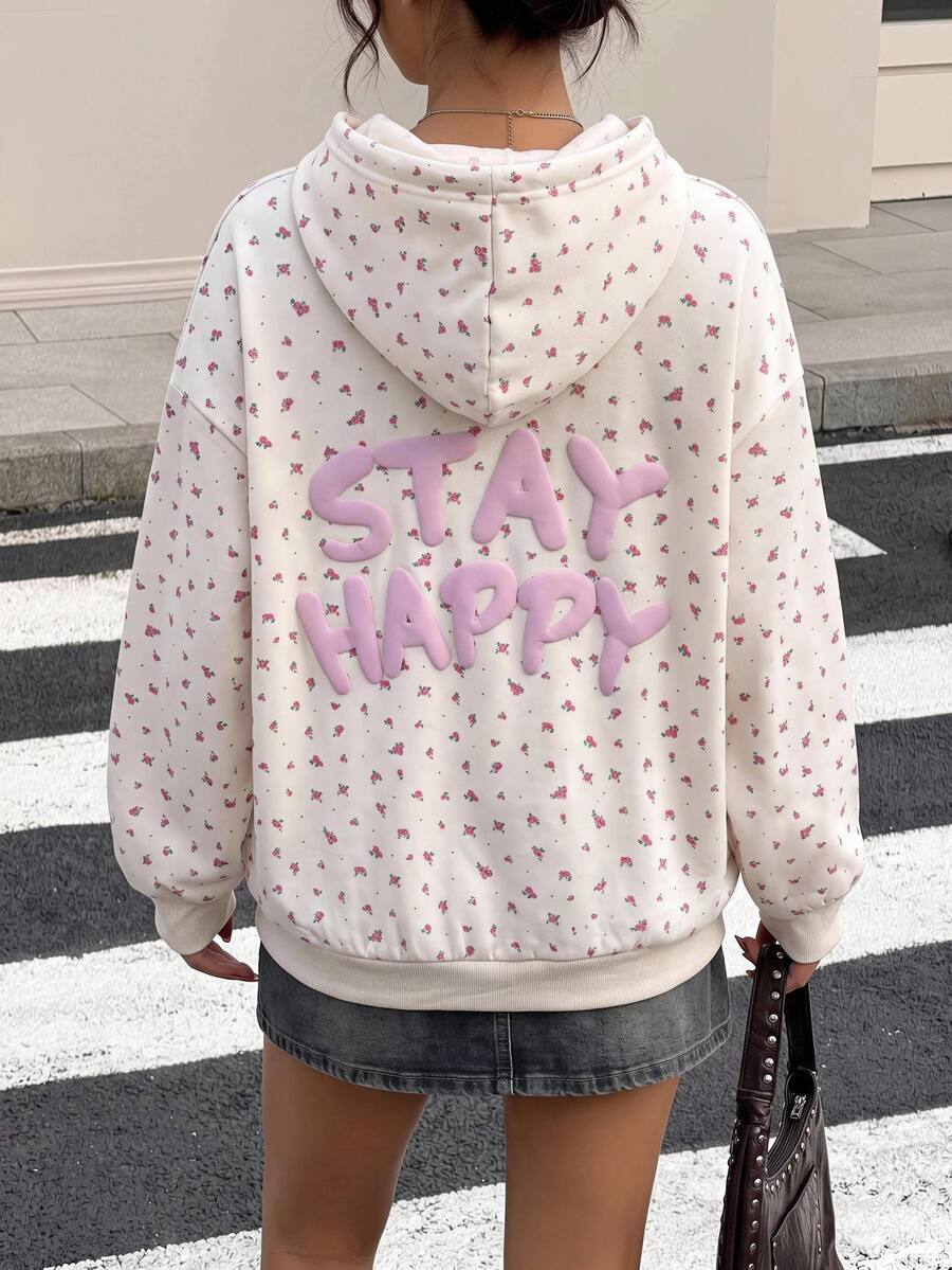 SHEIN 青少年女孩波點與標語圖案落肩衛衣 - 杏色 - 查看 1