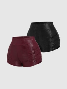 SHEIN EZwear 2 piezas de pantalones cortos con relieve de cocodrilo y fruncidos - Multicolor - Ver 3