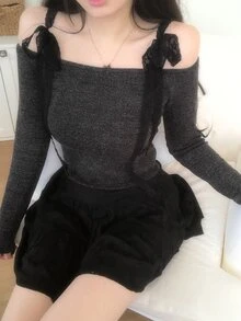 DAZY Solid Tie Shoulder Long Sleeve Tee Fall Vacation - Black - View 1