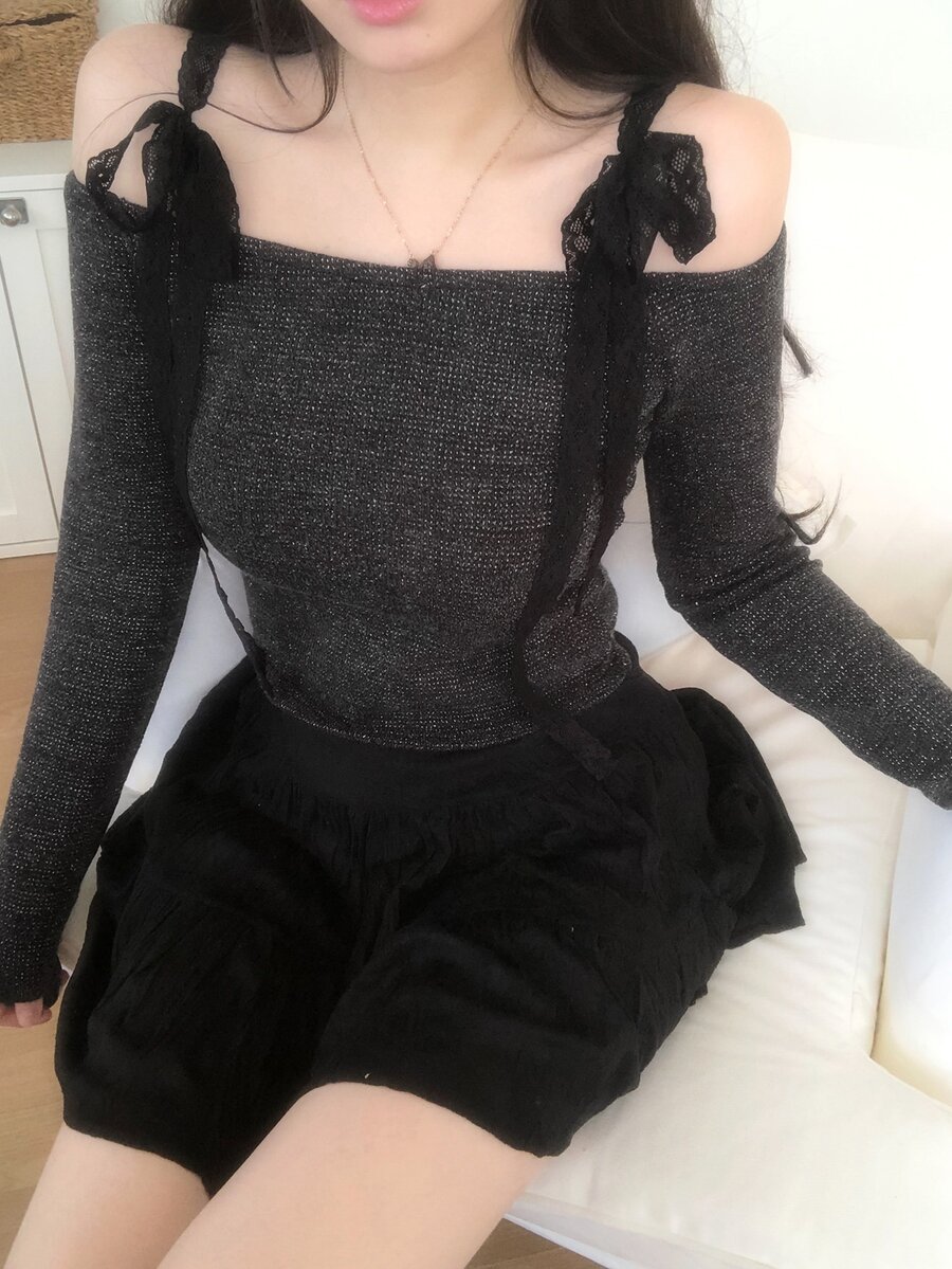 DAZY Solid Tie Shoulder Long Sleeve Tee Fall Vacation - Black - View 1