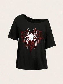 Teen Girl  Casual Vintage Street Style Spider Print Ruched Waist Square Neck Fitted Short Sleeve T-Shirt, Suitable For Spring/Summer Versatile Style - Multicolor - View 3