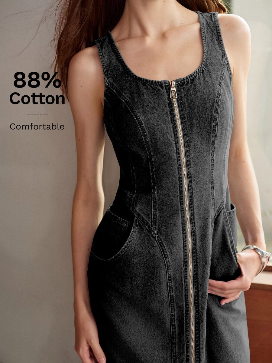 MOTF Vestido de mezclilla sin mangas con cremallera - Negro - Ver 2