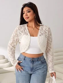 Solflare Plus Open Front Sheer Lace Crop Jacket Without Cami Top Fall - Black and White - View 5