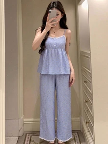 DAZY Ditsy Floral Lace Trim Cami Top & Pants PJ Set - Blue - View 3