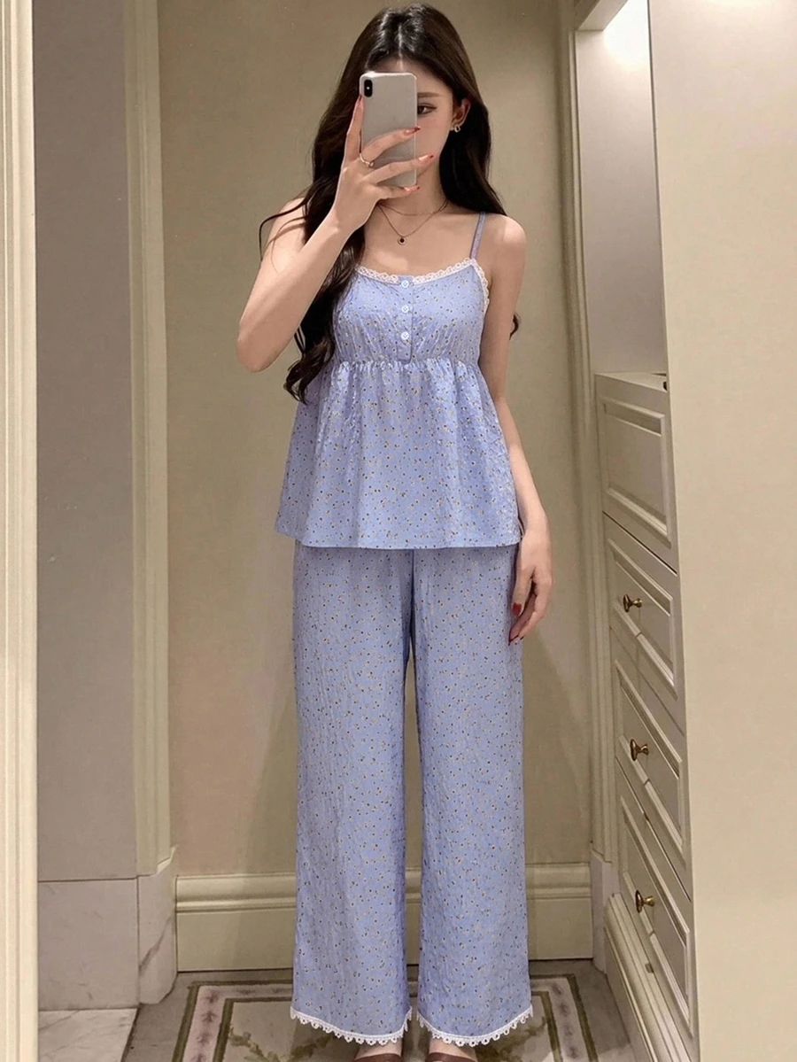 DAZY Ditsy Floral Lace Trim Cami Top & Pants PJ Set Fall - Blue - View 1