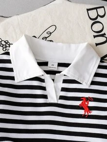 Genkimix Kids 返校季女童 2 件套（4-8 歲）學院風黑白條紋 Polo 領套頭上衣，馬術印花細節，彈性腰長褲，柔軟舒適休閒運動套裝，適合春/秋季校園日常穿著與戶外玩耍 - 黑與白 - 查看 5