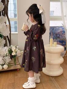 Dazy Kids Young Girl Embroidery Floral Pattern Flare Sleeve Dress Fall - Brown - View 3