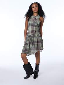 COUREZ Sleeveless Mesh Check Mini Layering Dress / Y2K Fall Mini Dress Winter Dress Autumn Outfits Fall Streetwear Club Outfits For Women Dresses - Brown - View 5