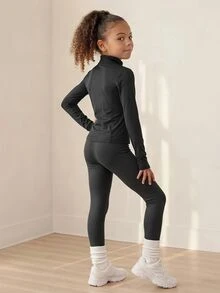 SHEIN Young Girl Zip Up Thumbholes Active Set - Black - View 2